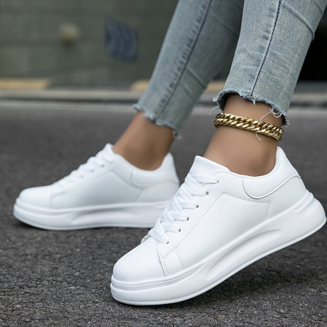 Techno - Weiße Leder-Sneaker Damen Clean Look