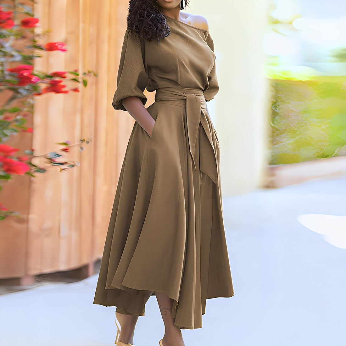 Dahlia - Schickes Damenkleid ohne Schultern mit Gürtel
