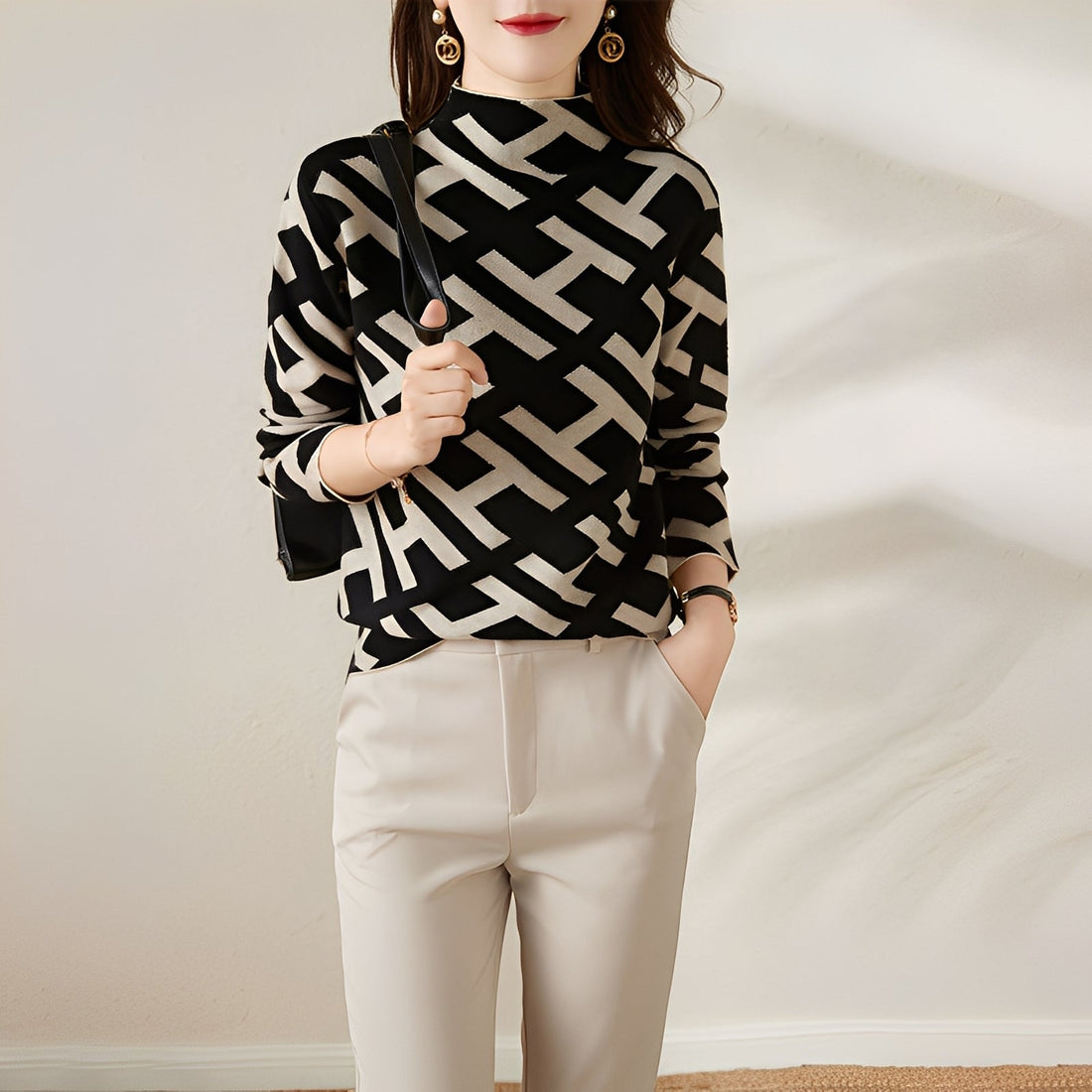 Eleanor - Elegantes Langarm-Strickoberteil mit Muster für Frauen