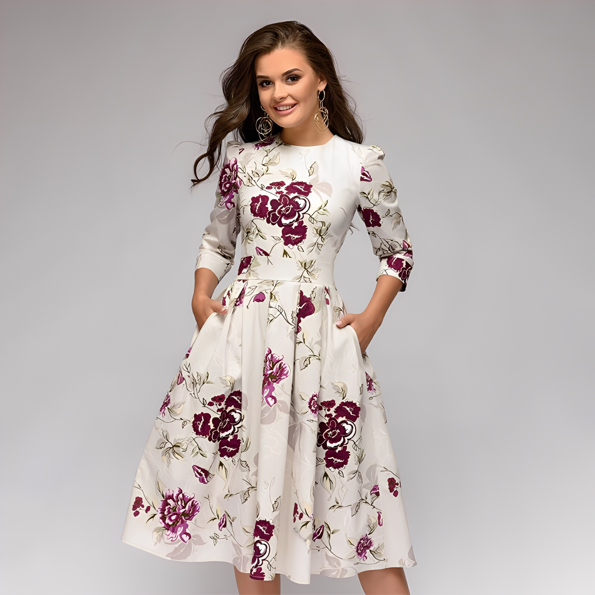 Elisabeth - Schickes Damenkleid mit langen Ärmeln und Blumenmuster
