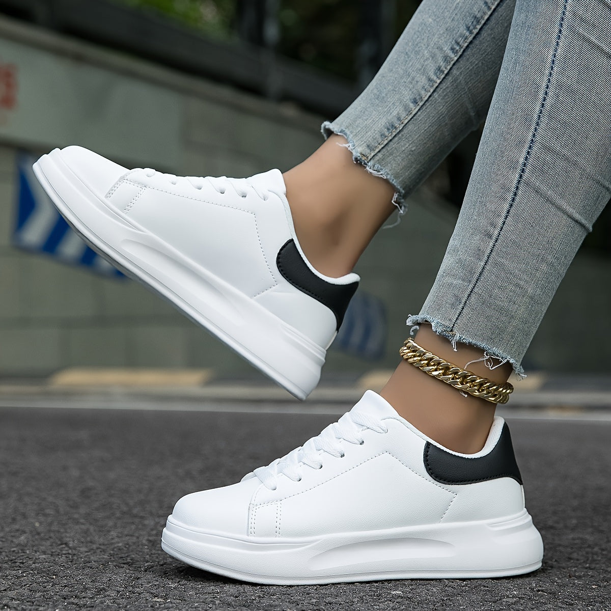 Techno - Weiße Leder-Sneaker Damen Clean Look