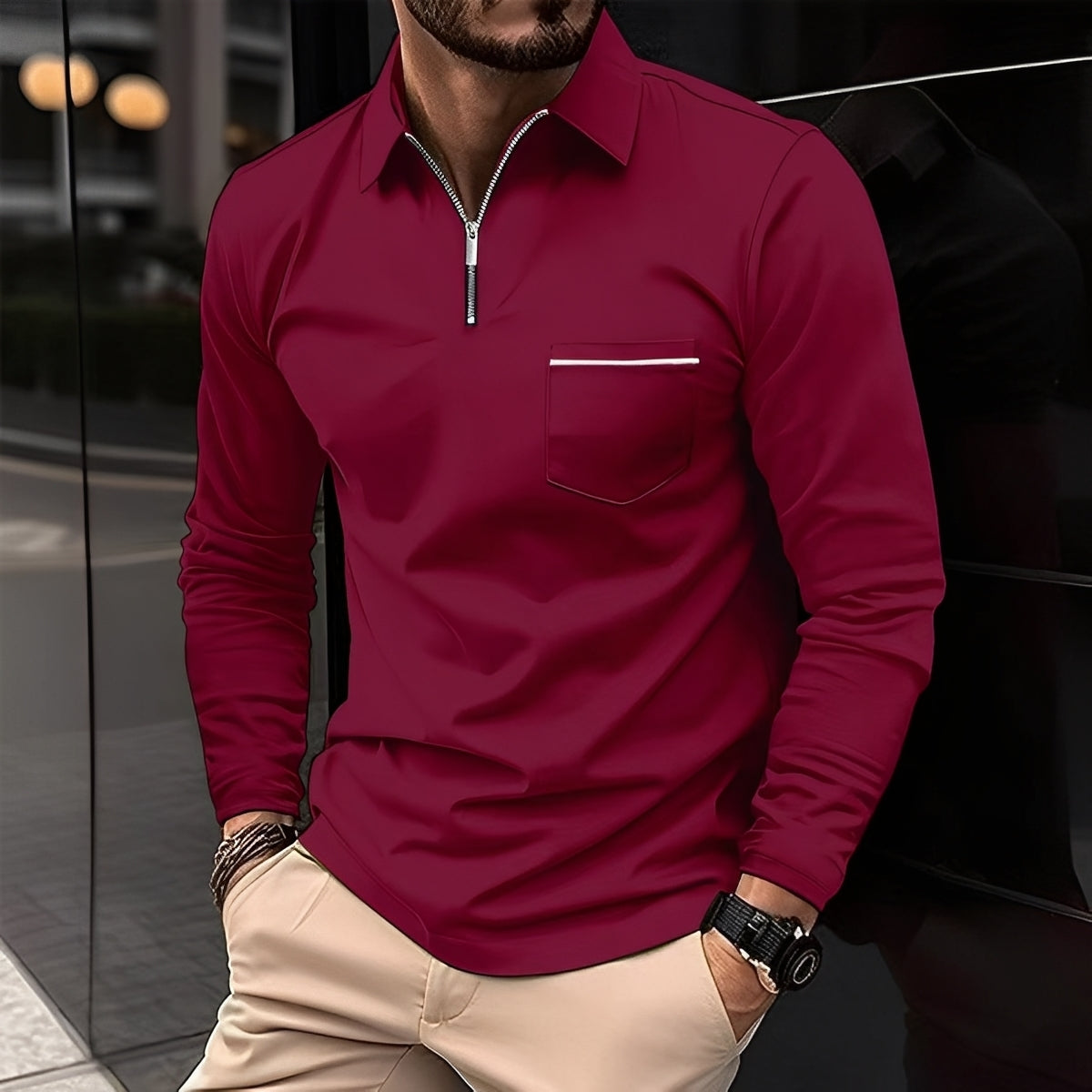 Bernard - Bequemes Langarm-Poloshirt mit Tasche für Männer