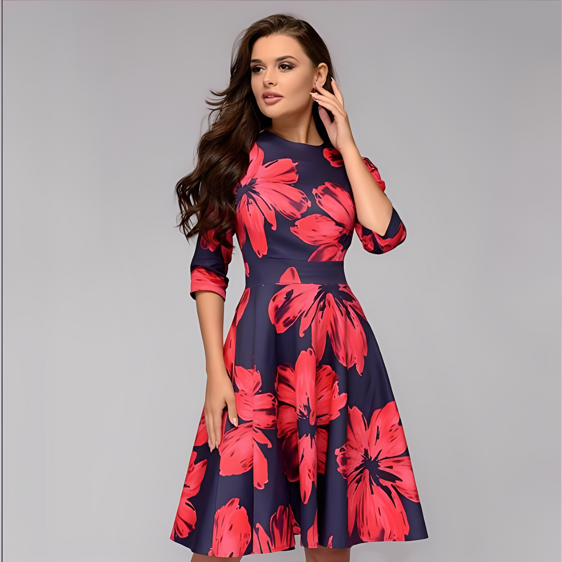 Elisabeth - Schickes Damenkleid mit langen Ärmeln und Blumenmuster
