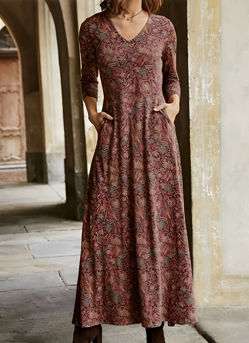 Adeline - Damen Knielanges Vintage Muster Kleid