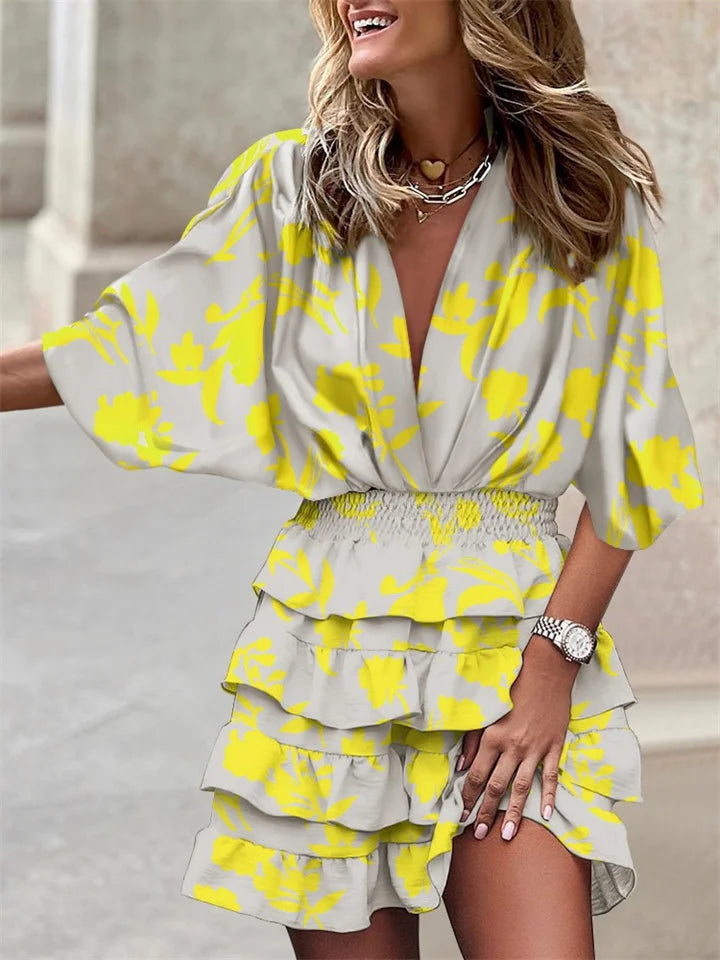 Liora – Blumenkleid mit V-Ausschnitt und Ruffles