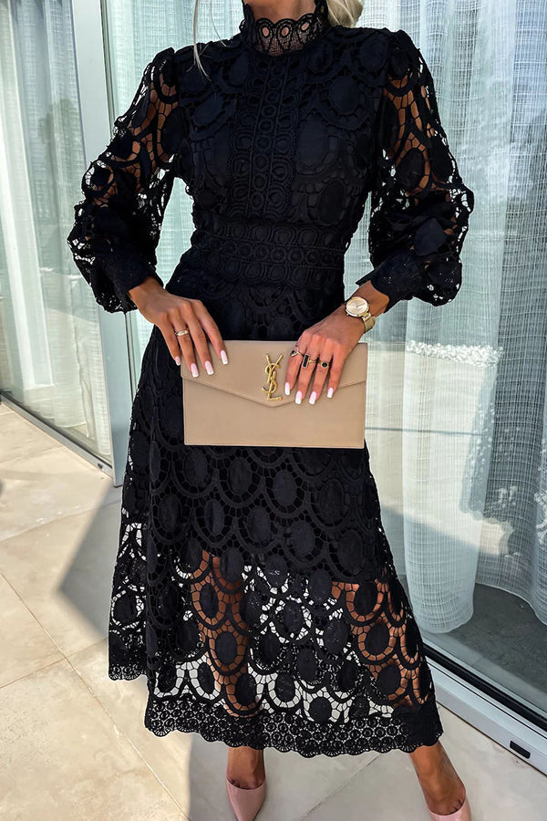 Melody - Elegantes Spitzen-Midi-Kleid Hoher Kragen & Puffärmel