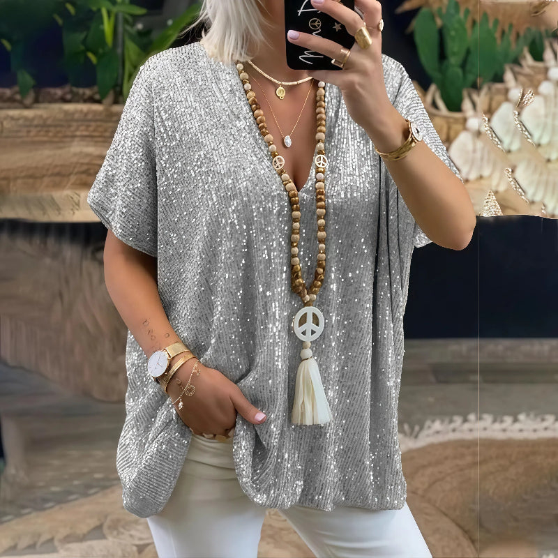 Paola - Pailletten-T-Shirt mit V-Ausschnitt